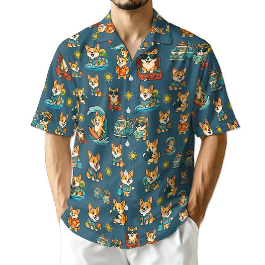 Netecom Corgi Hawaiian Shirt for Men, Tropical Style, Button Down Summer Beach Short Sleeve, S-5XL
