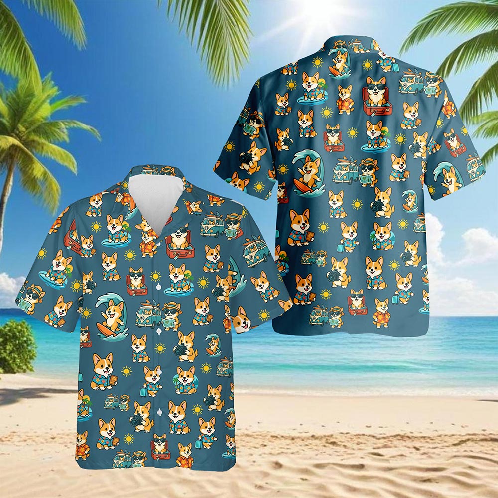 Netecom Corgi Hawaiian Shirt for Men, Tropical Style, Button Down Summer Beach Short Sleeve, S-5XL