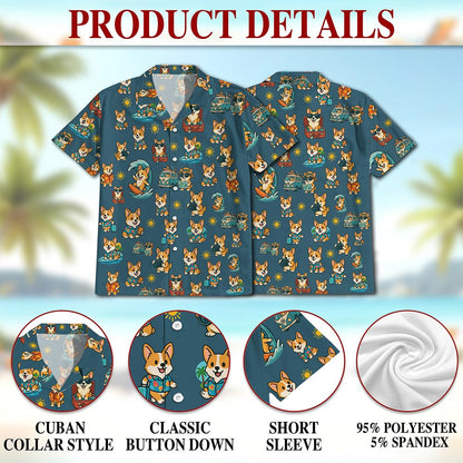 Netecom Corgi Hawaiian Shirt for Men, Tropical Style, Button Down Summer Beach Short Sleeve, S-5XL