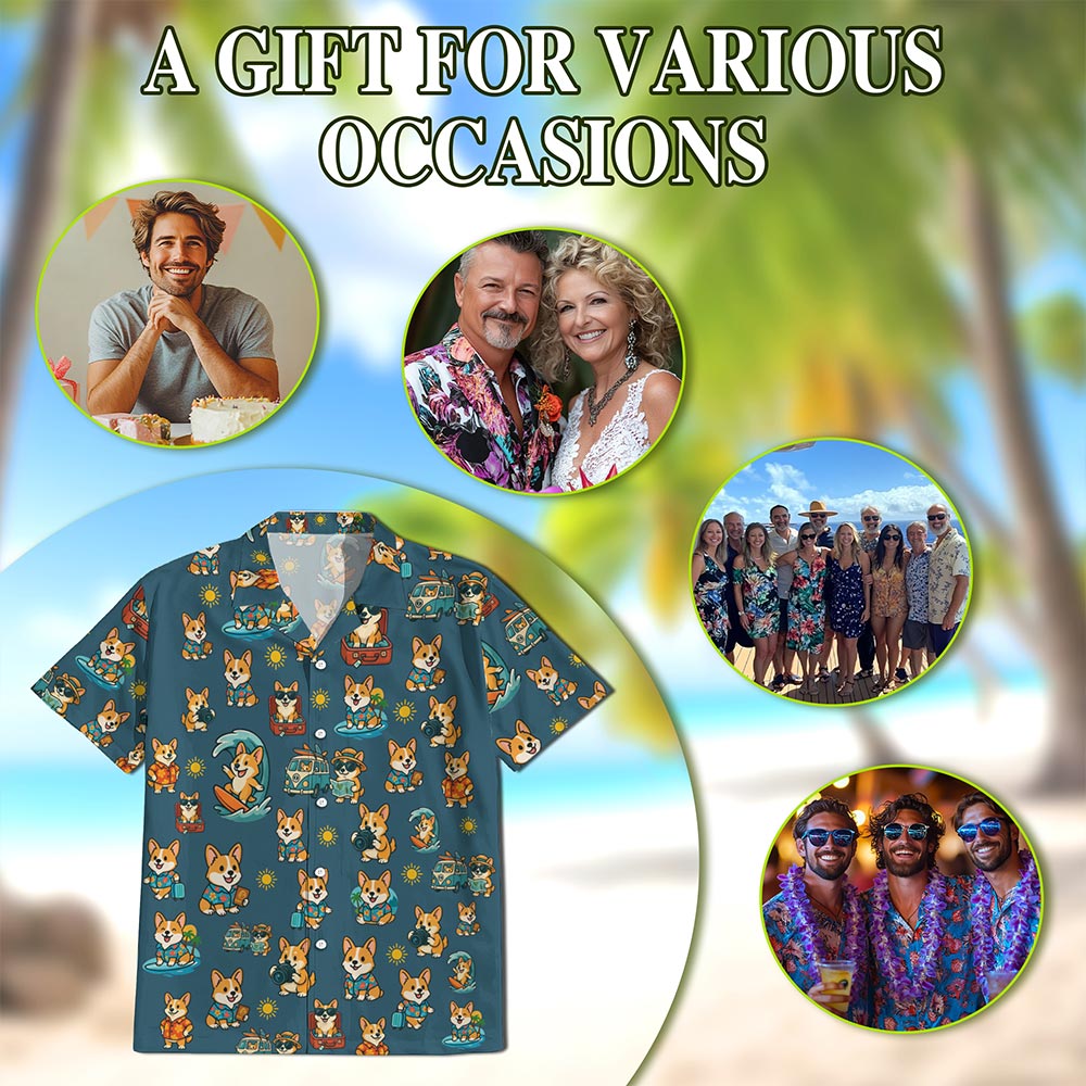 Netecom Corgi Hawaiian Shirt for Men, Tropical Style, Button Down Summer Beach Short Sleeve, S-5XL