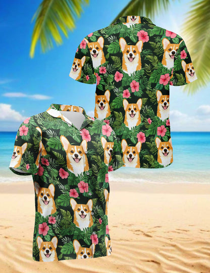 Netecom Corgi Summer Hawaiian Shirt for Men, Button Down Summer Beach Short Sleeve, Tropical Style, Sizes S-5XL