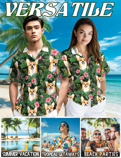 Netecom Corgi Summer Hawaiian Shirt for Men, Button Down Summer Beach Short Sleeve, Tropical Style, Sizes S-5XL