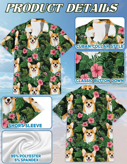 Netecom Corgi Summer Hawaiian Shirt for Men, Button Down Summer Beach Short Sleeve, Tropical Style, Sizes S-5XL