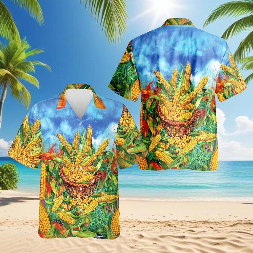 Netecom Corn Hawaiian Shirt for Men, Button Down Summer Beach Short Sleeve, Corn Lover Gifts, S-5XL