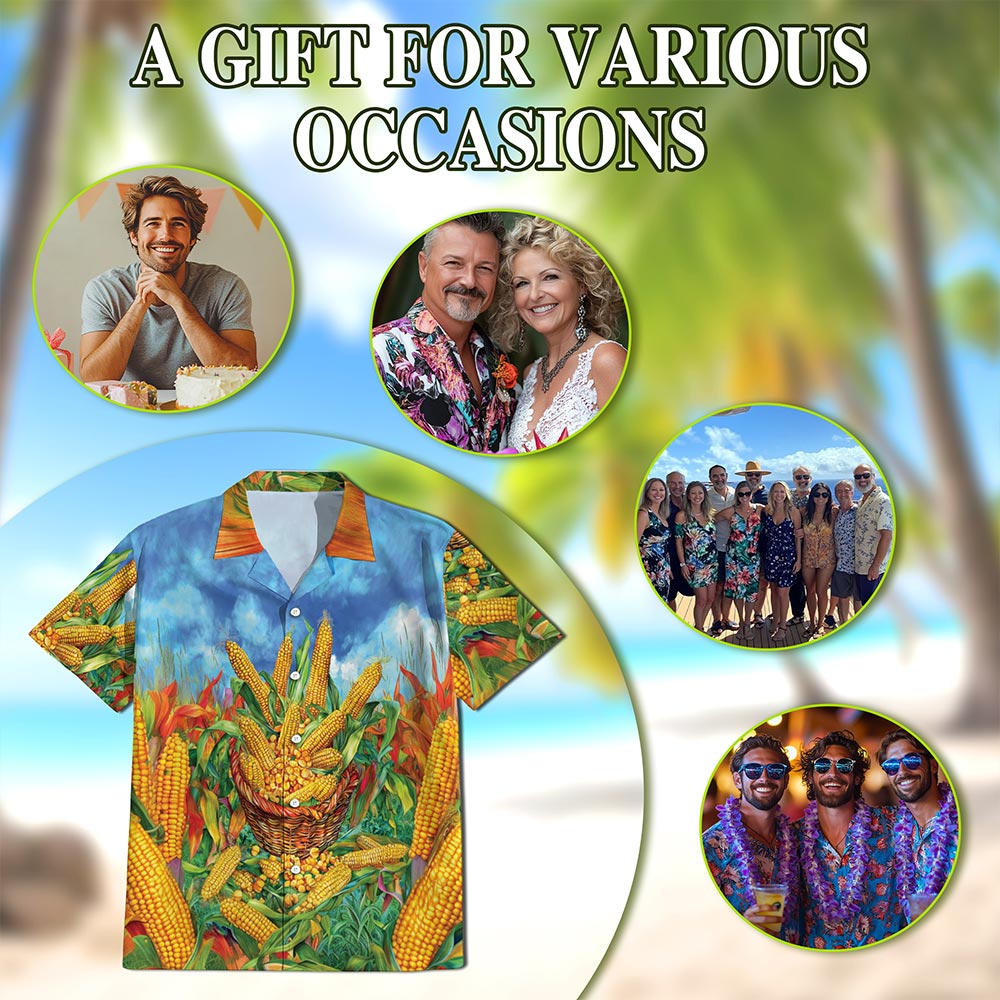 Netecom Corn Hawaiian Shirt for Men, Button Down Summer Beach Short Sleeve, Corn Lover Gifts, S-5XL