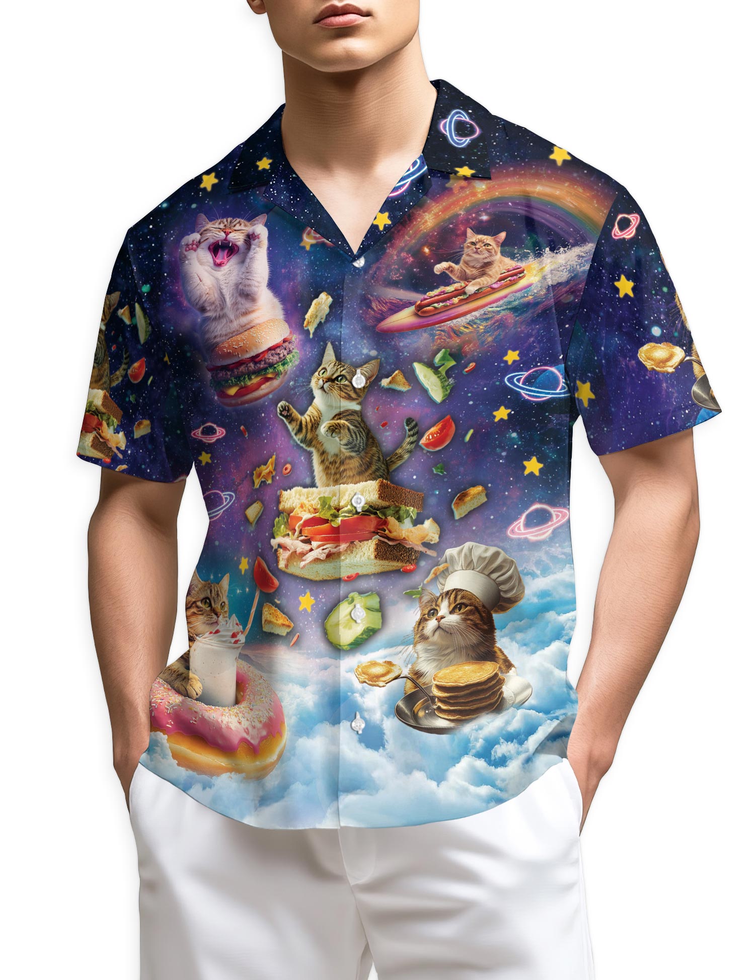 Netecom Cosmic Cat Food Adventure Hawaiian Shirt for Men