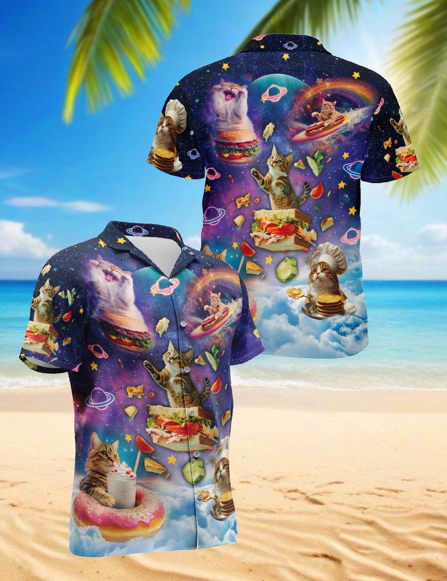 Netecom Cosmic Cat Food Adventure Hawaiian Shirt for Men, Button Down Summer Beach Short Sleeve, Sizes S-5XL