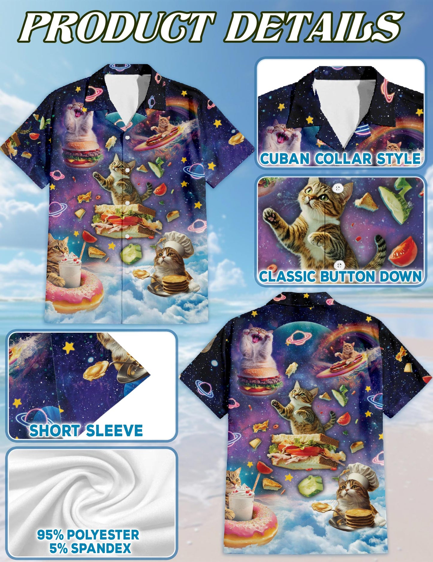 Netecom Cosmic Cat Food Adventure Hawaiian Shirt for Men, Button Down Summer Beach Short Sleeve, Sizes S-5XL