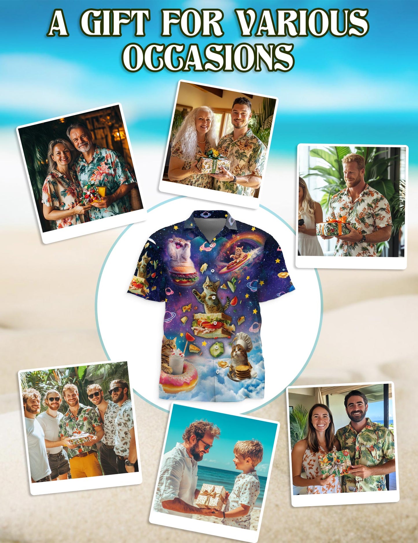 Netecom Cosmic Cat Food Adventure Hawaiian Shirt for Men, Button Down Summer Beach Short Sleeve, Sizes S-5XL