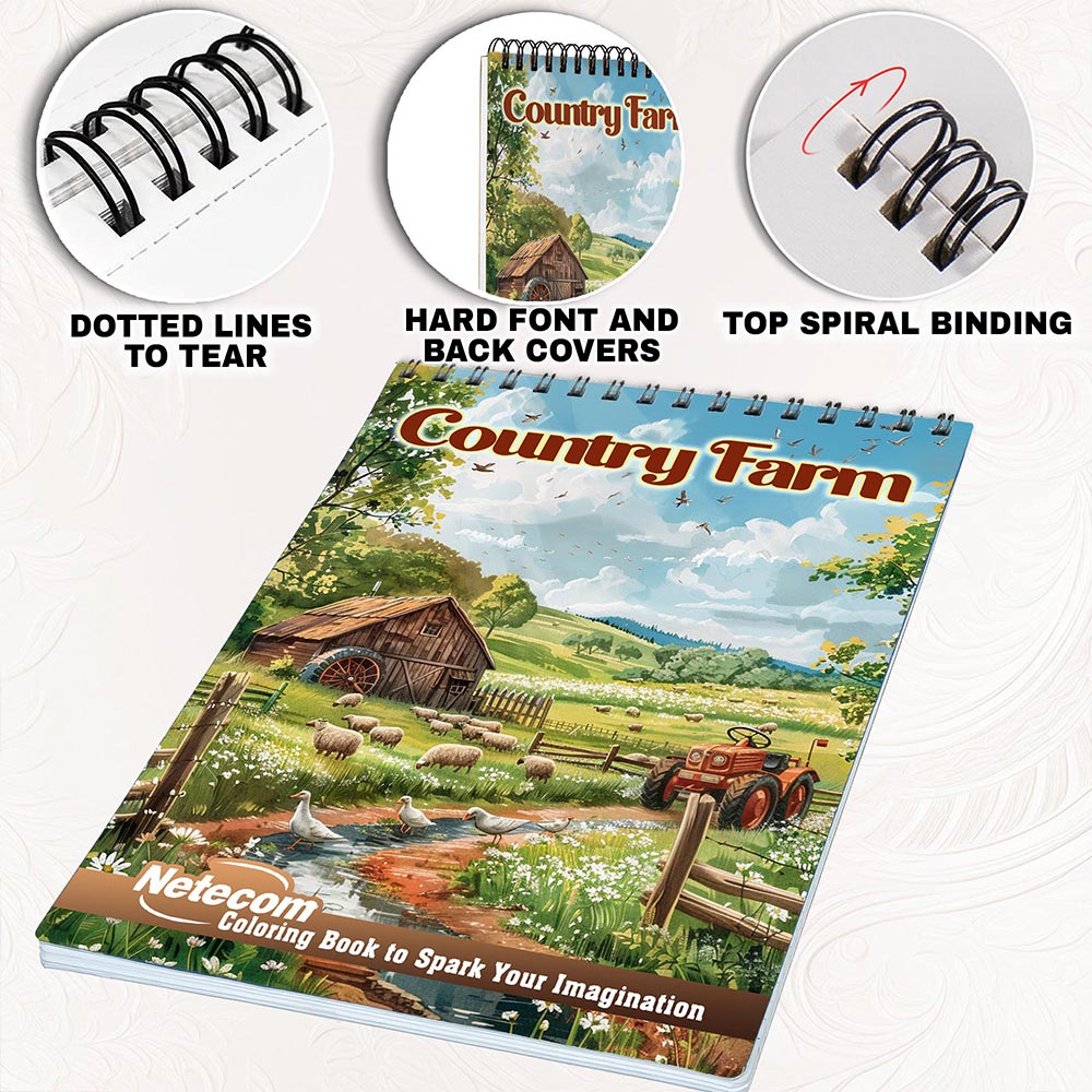 Netecom Country Farm Coloring Book for Adults, Spiral Bound, Soft Cover