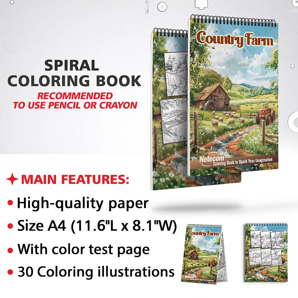 Netecom Country Farm Coloring Book for Adults, Spiral Bound, Soft Cover