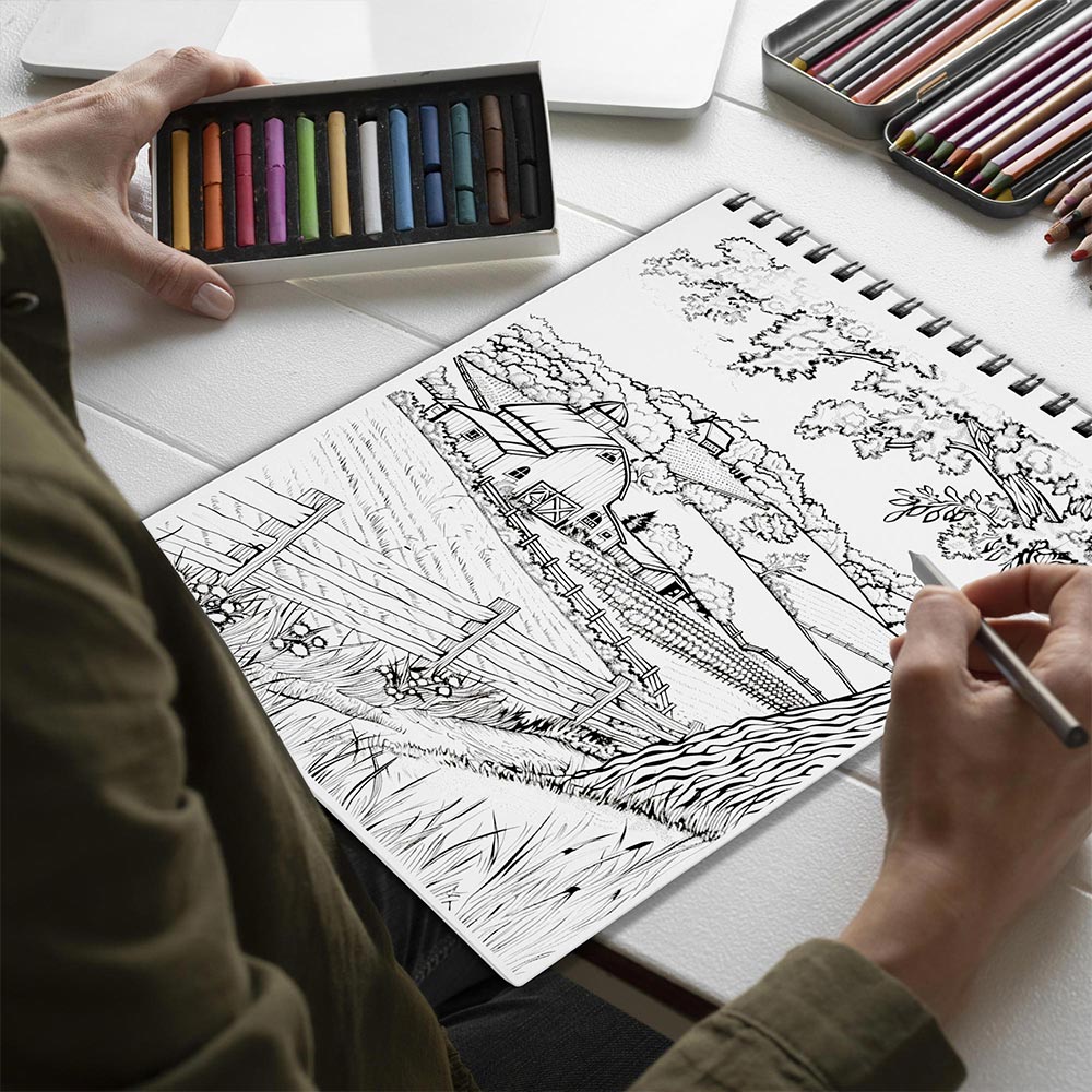 Netecom Country Farm Coloring Book for Adults, Spiral Bound, Soft Cover