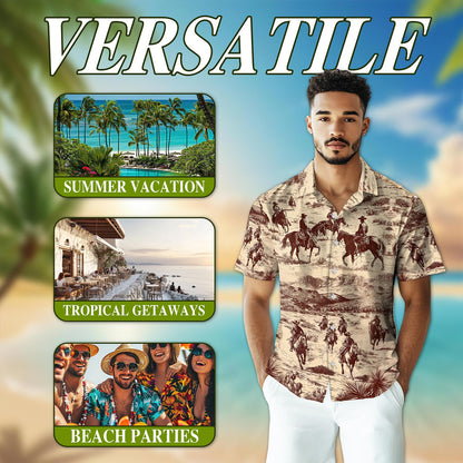 Netecom Cowboy Horse Riding Hawaiian Shirt for Men, Vintage Style, Button Down Summer Beach Short Sleeve, S-5XL