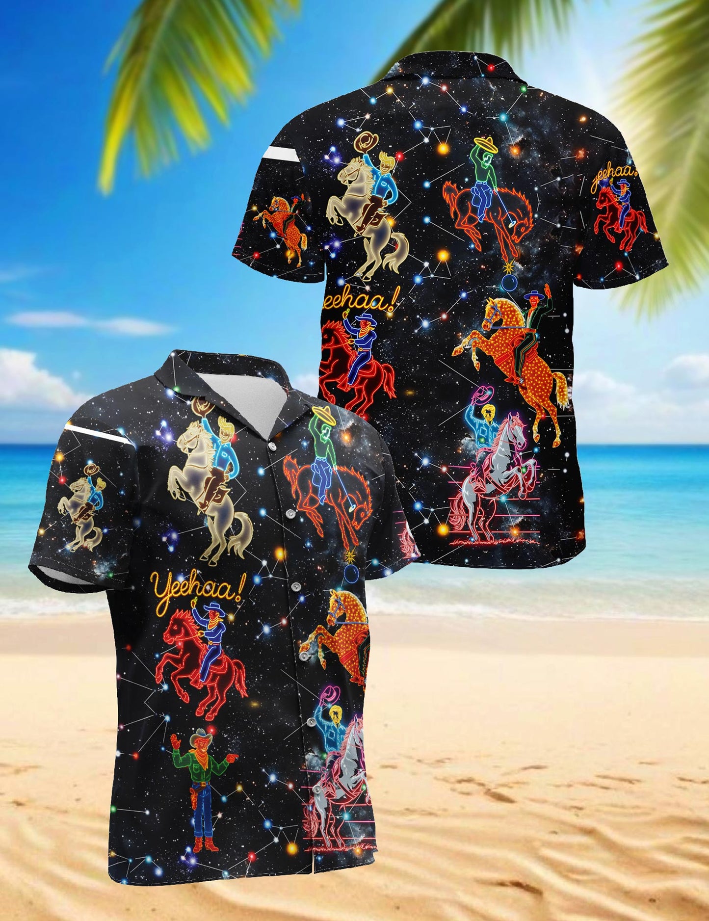 Netecom Cowboy Neon Love Life Hawaiian Shirt for Men, Western Style, Button Down Summer Beach Short Sleeve, S-5XL