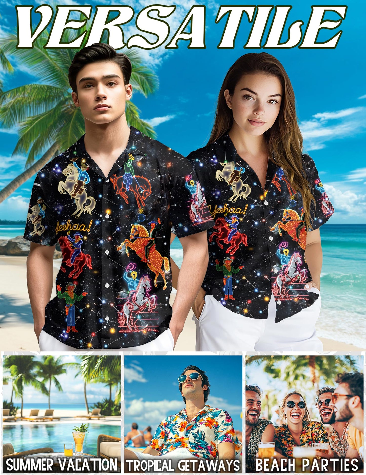 Netecom Cowboy Neon Love Life Hawaiian Shirt for Men, Western Style, Button Down Summer Beach Short Sleeve, S-5XL