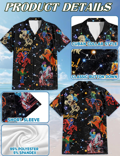 Netecom Cowboy Neon Love Life Hawaiian Shirt for Men, Western Style, Button Down Summer Beach Short Sleeve, S-5XL