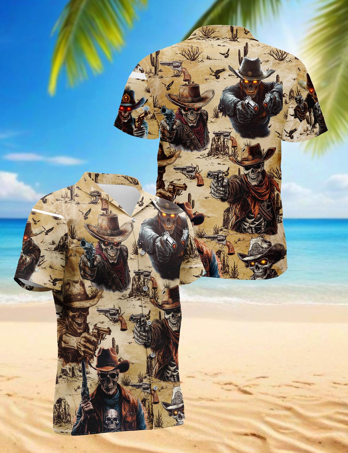 Netecom Cowboy Skull Hawaiian Shirt for Men, Western Gothic Style, Button Down Summer Beach Short Sleeve, S-5XL
