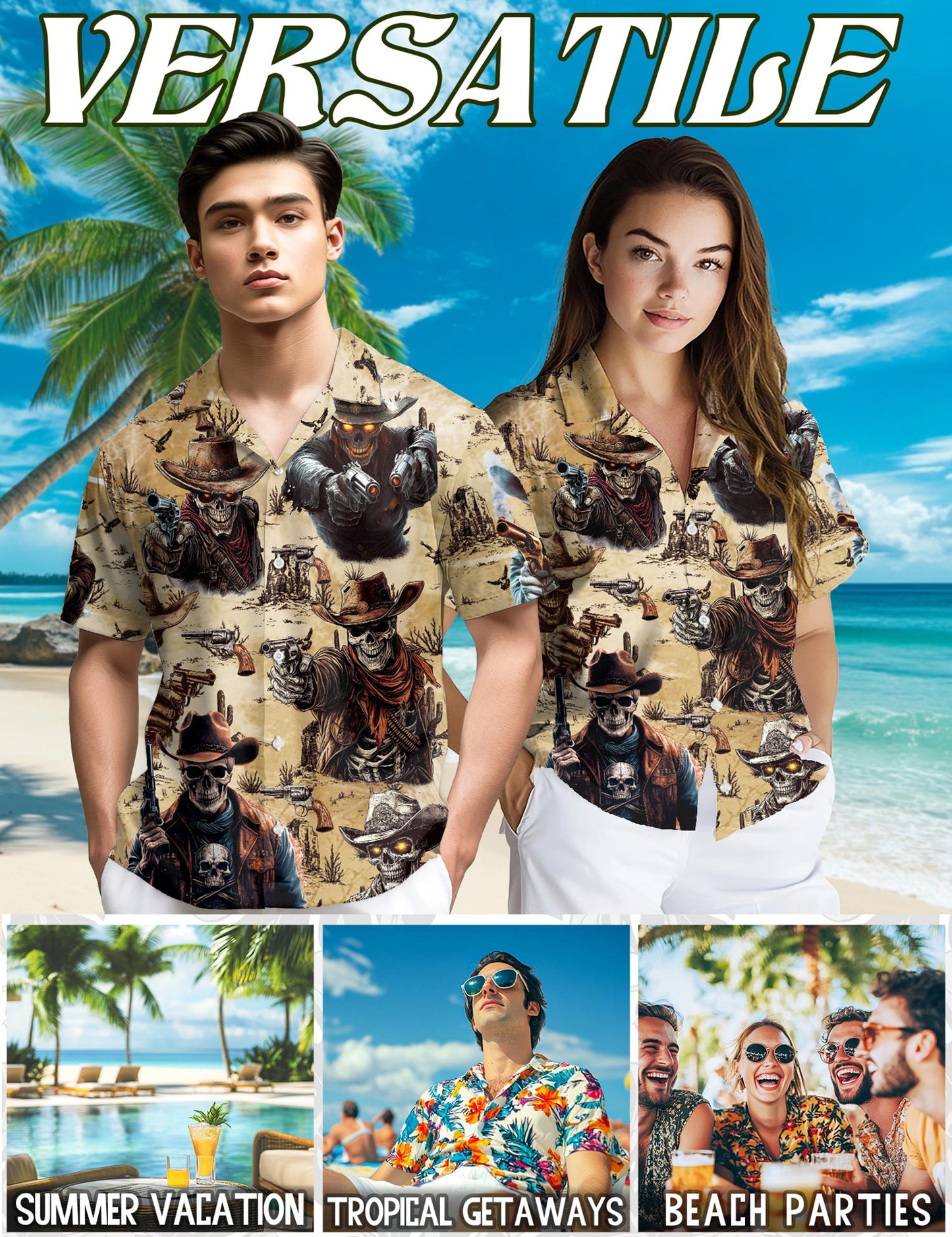 Netecom Cowboy Skull Hawaiian Shirt for Men, Western Gothic Style, Button Down Summer Beach Short Sleeve, S-5XL
