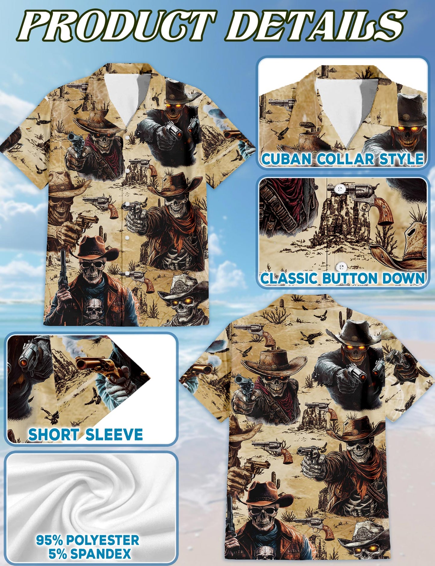 Netecom Cowboy Skull Hawaiian Shirt for Men, Western Gothic Style, Button Down Summer Beach Short Sleeve, S-5XL