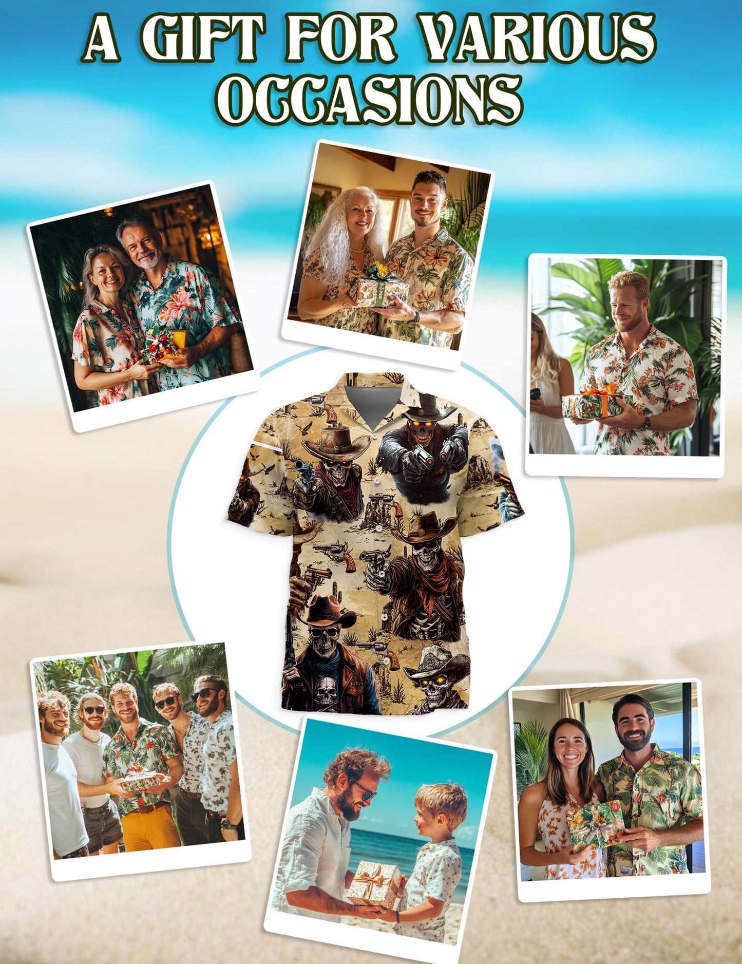 Netecom Cowboy Skull Hawaiian Shirt for Men, Western Gothic Style, Button Down Summer Beach Short Sleeve, S-5XL