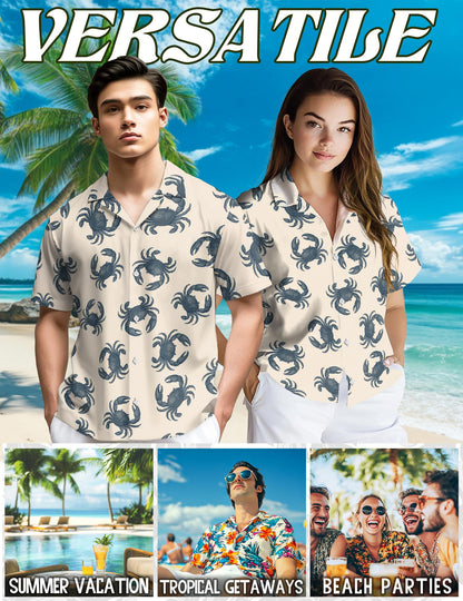 Netecom Crab Pattern Hawaiian Shirt for Men, Retro Style, Button Down Summer Beach Short Sleeve, S-5XL