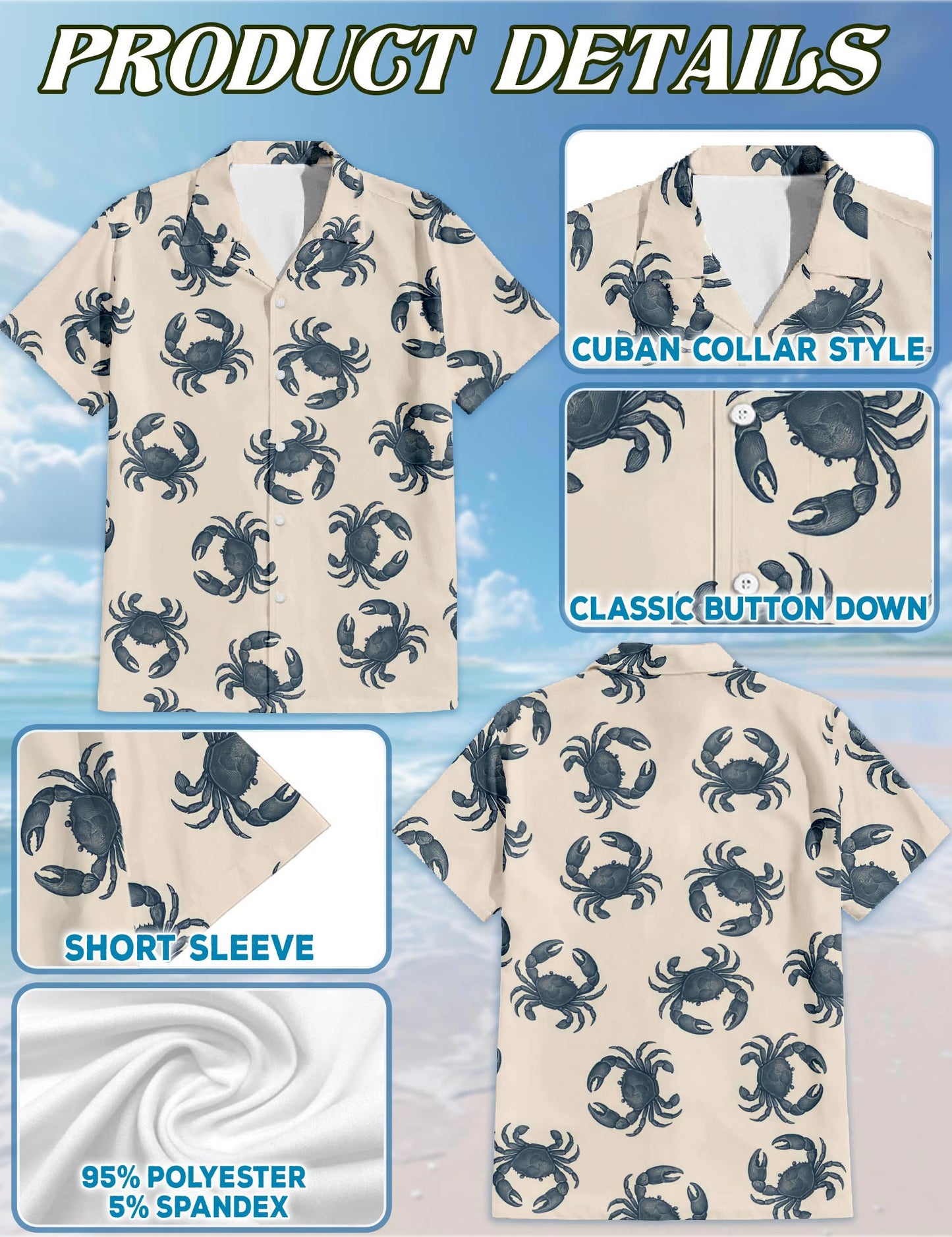 Netecom Crab Pattern Hawaiian Shirt for Men, Retro Style, Button Down Summer Beach Short Sleeve, S-5XL