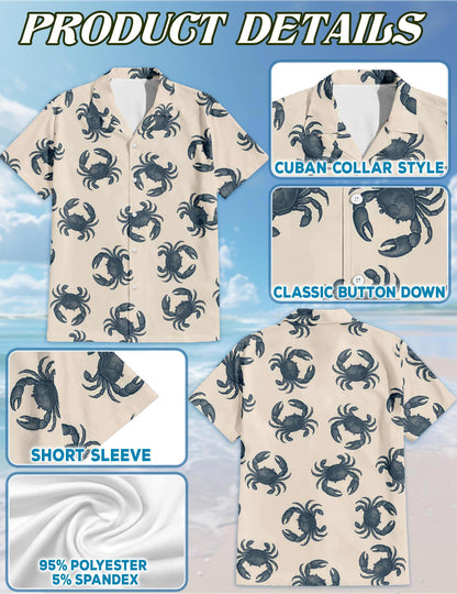 Netecom Crab Pattern Hawaiian Shirt for Men, Retro Style, Button Down Summer Beach Short Sleeve, S-5XL