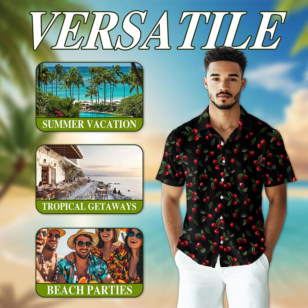 Netecom Cranberry Pattern Hawaiian Shirt for Men, Fruit Lover Gifts, Button Down Summer Beach Short Sleeve, S-5XL