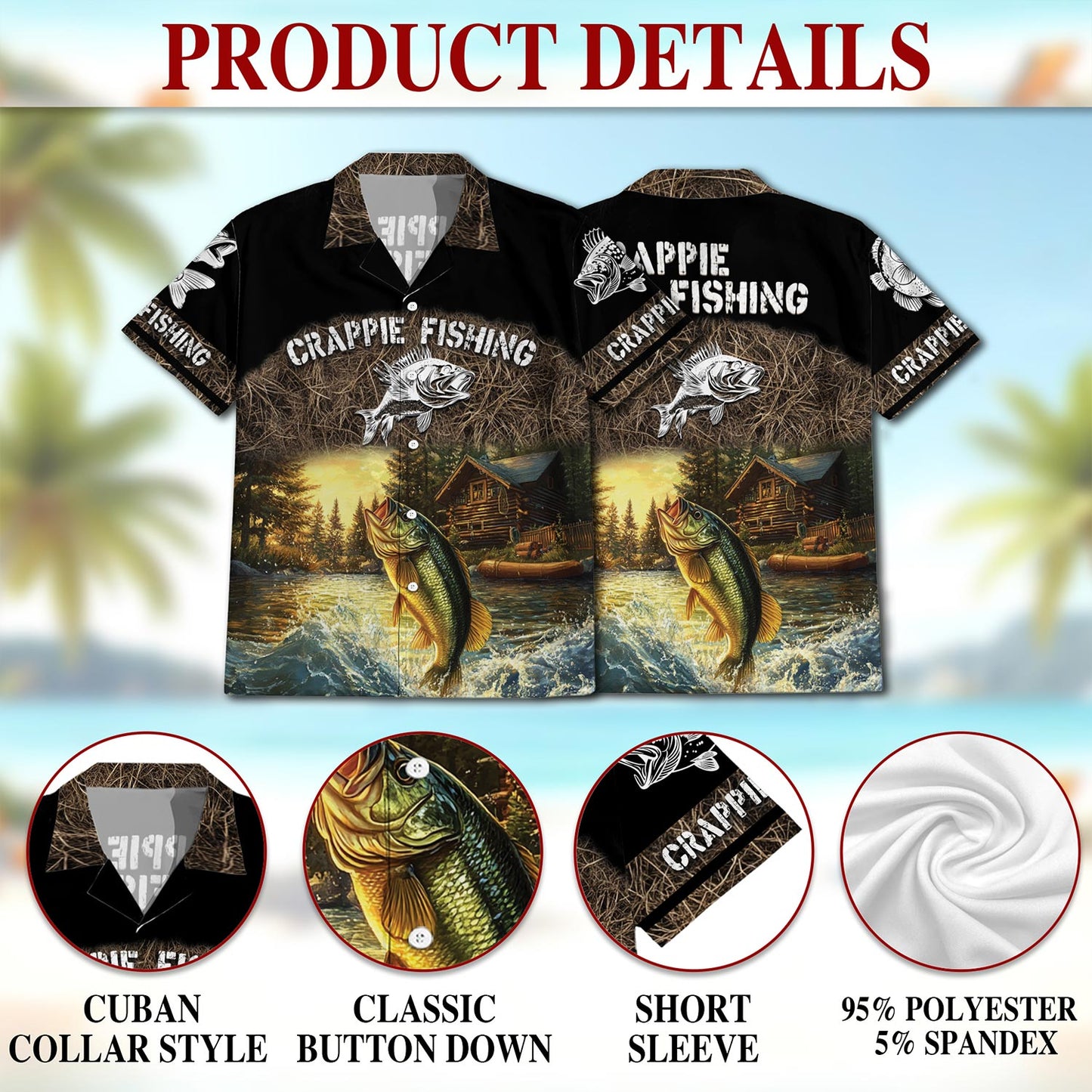 Netecom Crappie Fishing Hawaiian Shirt for Men, Button Down Summer Beach Short Sleeve, Outdoor Style, S-5XL