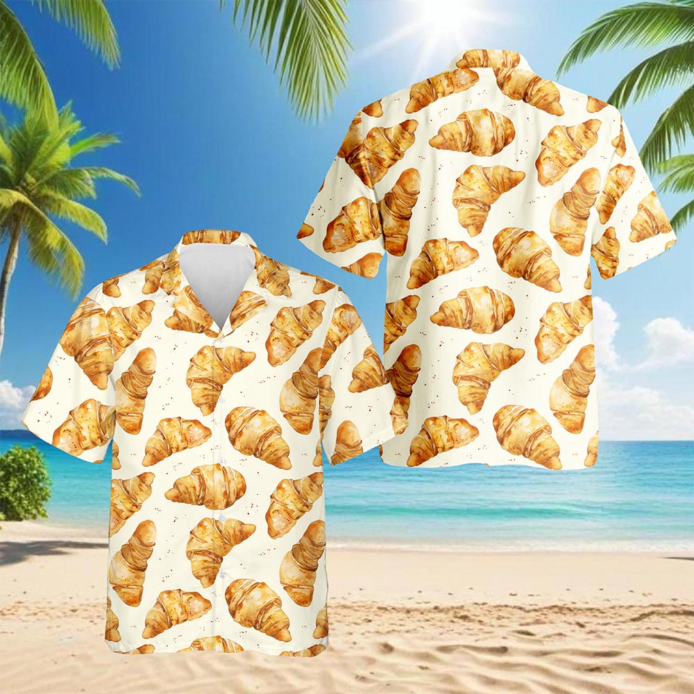 Netecom Croissant Hawaiian Shirt for Men, Food Lover Gifts, Button Down Summer Beach Short Sleeve, S-5XL