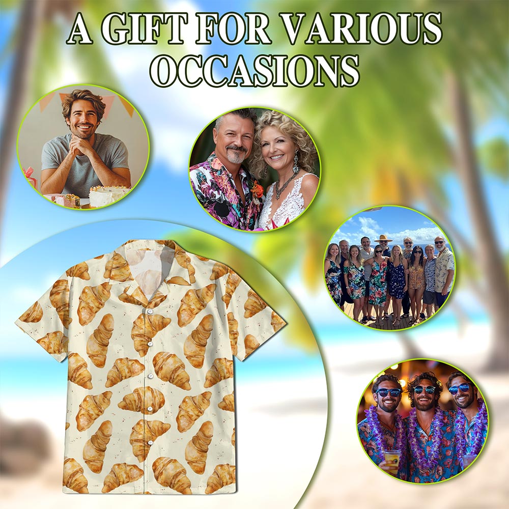 Netecom Croissant Hawaiian Shirt for Men, Food Lover Gifts, Button Down Summer Beach Short Sleeve, S-5XL