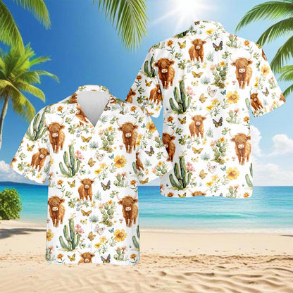 Netecom Cute Highland Cattle Hawaiian Shirt for Men, Button Down Summer Beach Short Sleeve, Tropical Style, S-5XL