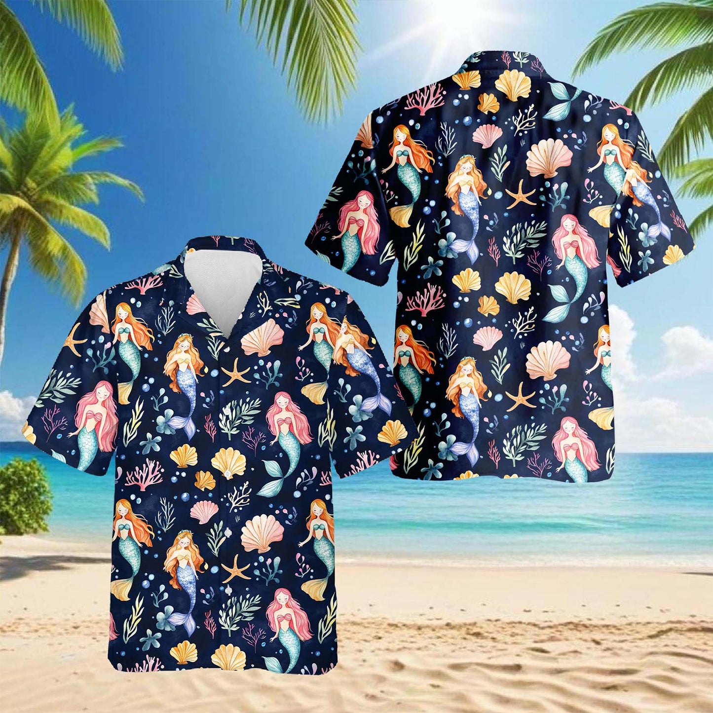 Netecom Cute Mermaid Hawaiian Shirt for Men, Button Down Summer Beach Short Sleeve, Fantasy Style, S-5XL