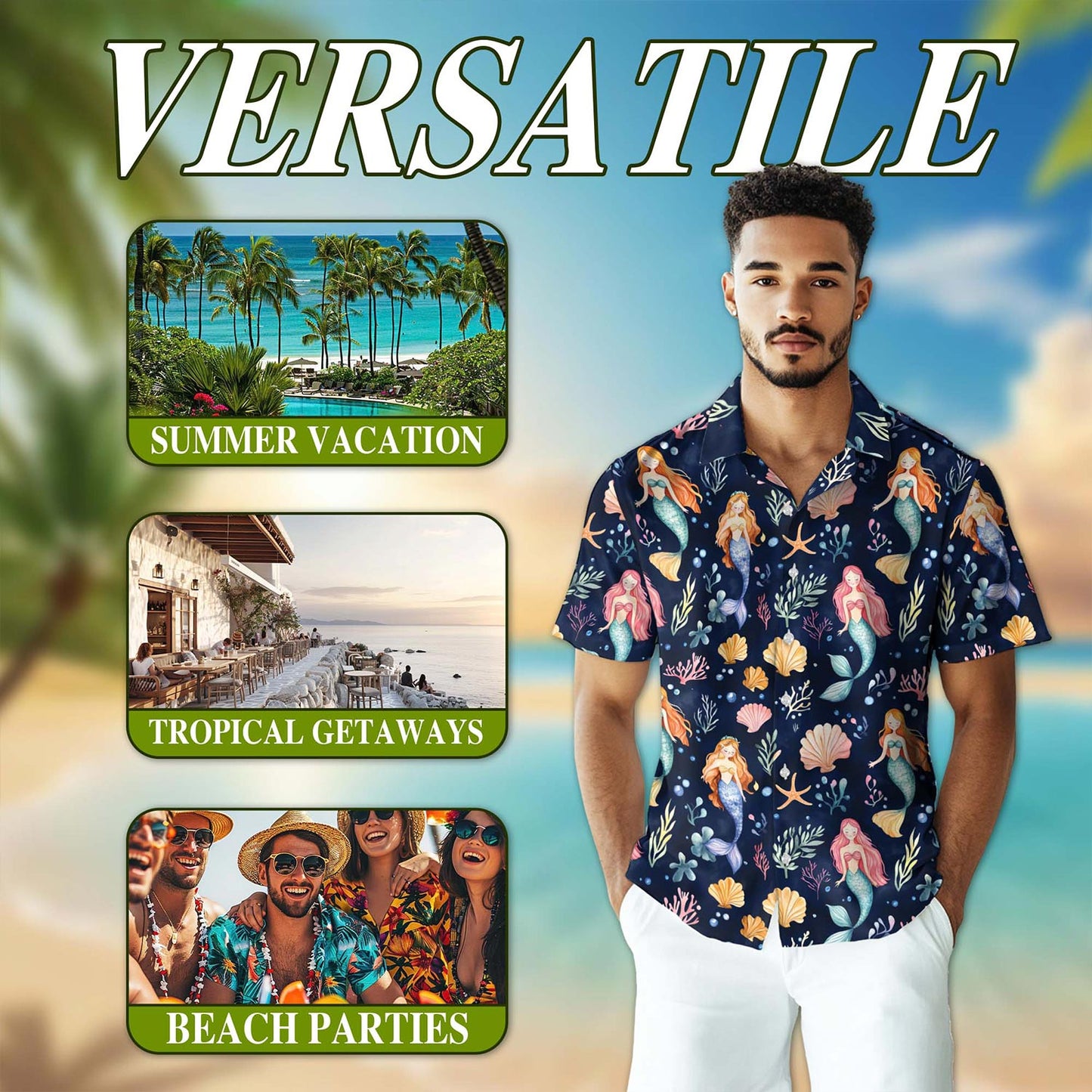 Netecom Cute Mermaid Hawaiian Shirt for Men, Button Down Summer Beach Short Sleeve, Fantasy Style, S-5XL