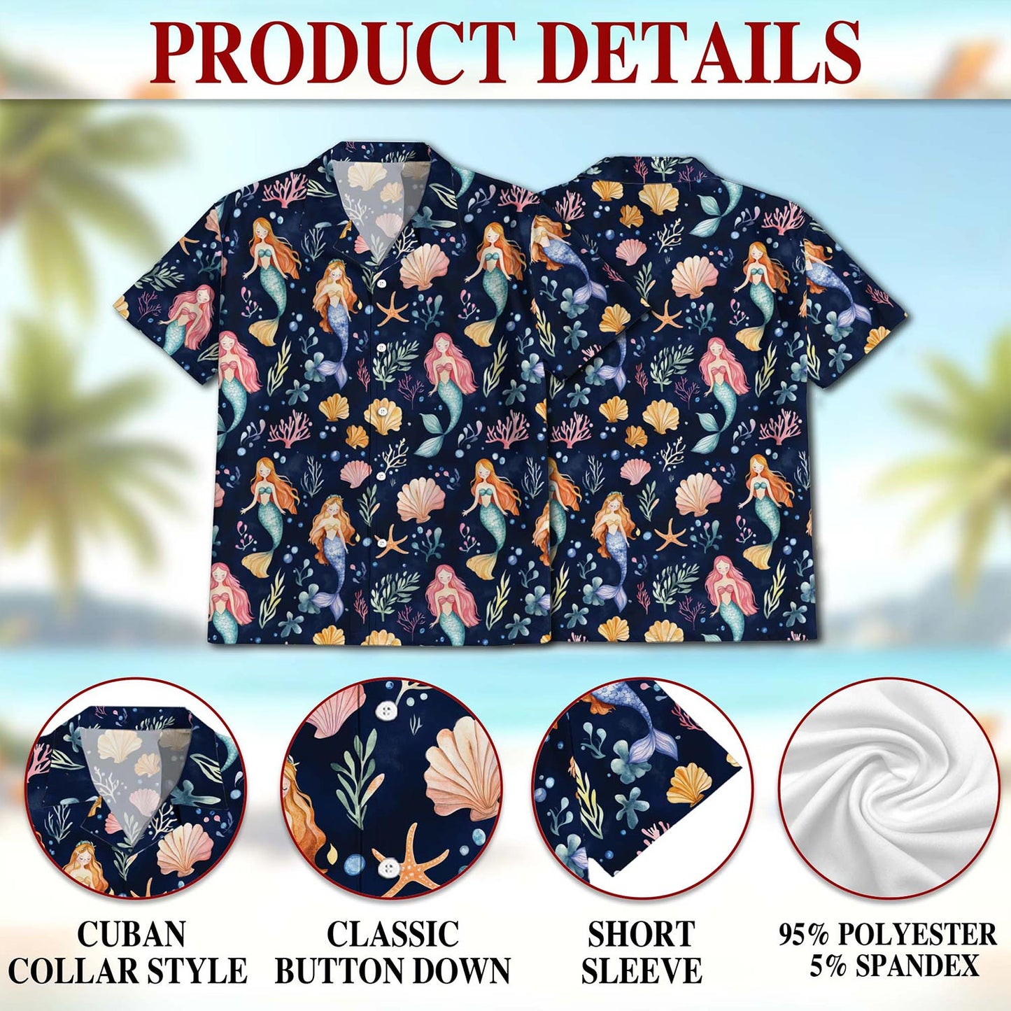 Netecom Cute Mermaid Hawaiian Shirt for Men, Button Down Summer Beach Short Sleeve, Fantasy Style, S-5XL