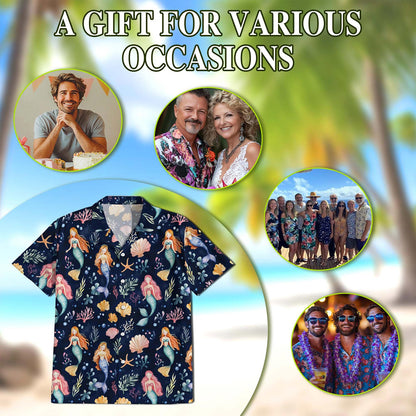 Netecom Cute Mermaid Hawaiian Shirt for Men, Button Down Summer Beach Short Sleeve, Fantasy Style, S-5XL