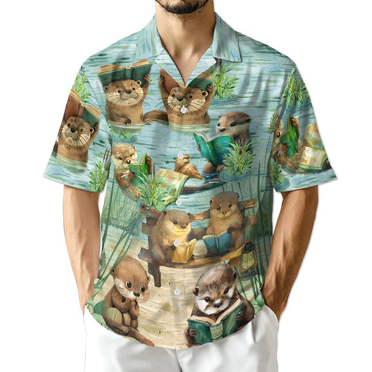 Netecom Cute Otter Reading Book Hawaiian Shirt for Men