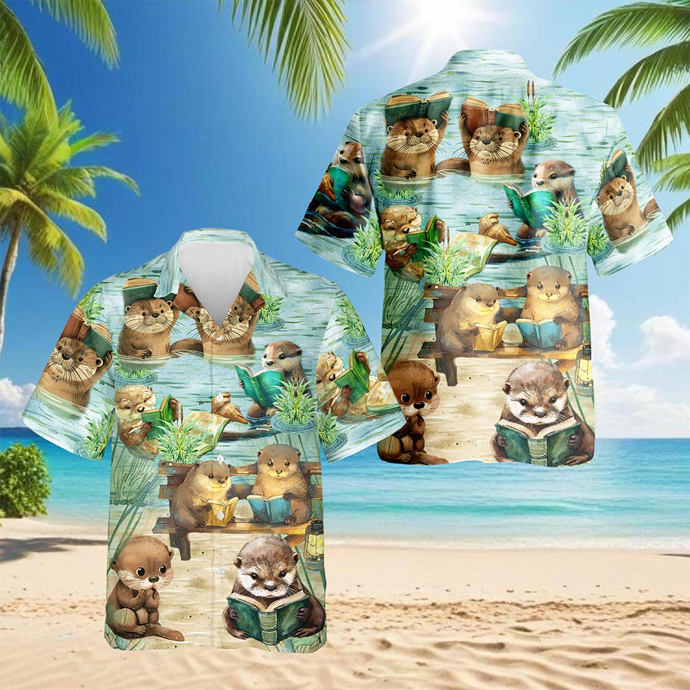Netecom Cute Otter Reading Book Hawaiian Shirt for Men, Otter Lover Gifts, Animal Button Down Summer Aloha Beach Shirts, S-5XL