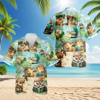 Netecom Cute Otter Reading Book Hawaiian Shirt for Men, Otter Lover Gifts, Animal Button Down Summer Aloha Beach Shirts, S-5XL
