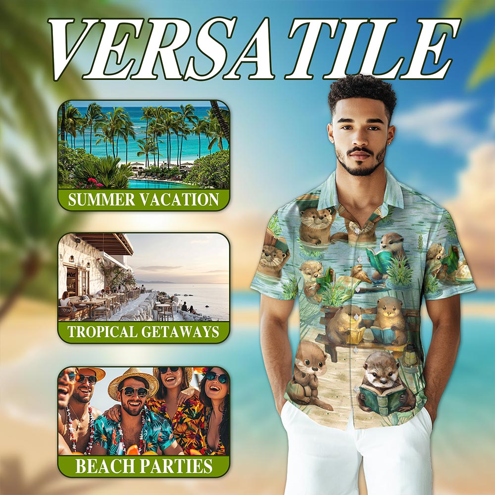 Netecom Cute Otter Reading Book Hawaiian Shirt for Men, Otter Lover Gifts, Animal Button Down Summer Aloha Beach Shirts, S-5XL