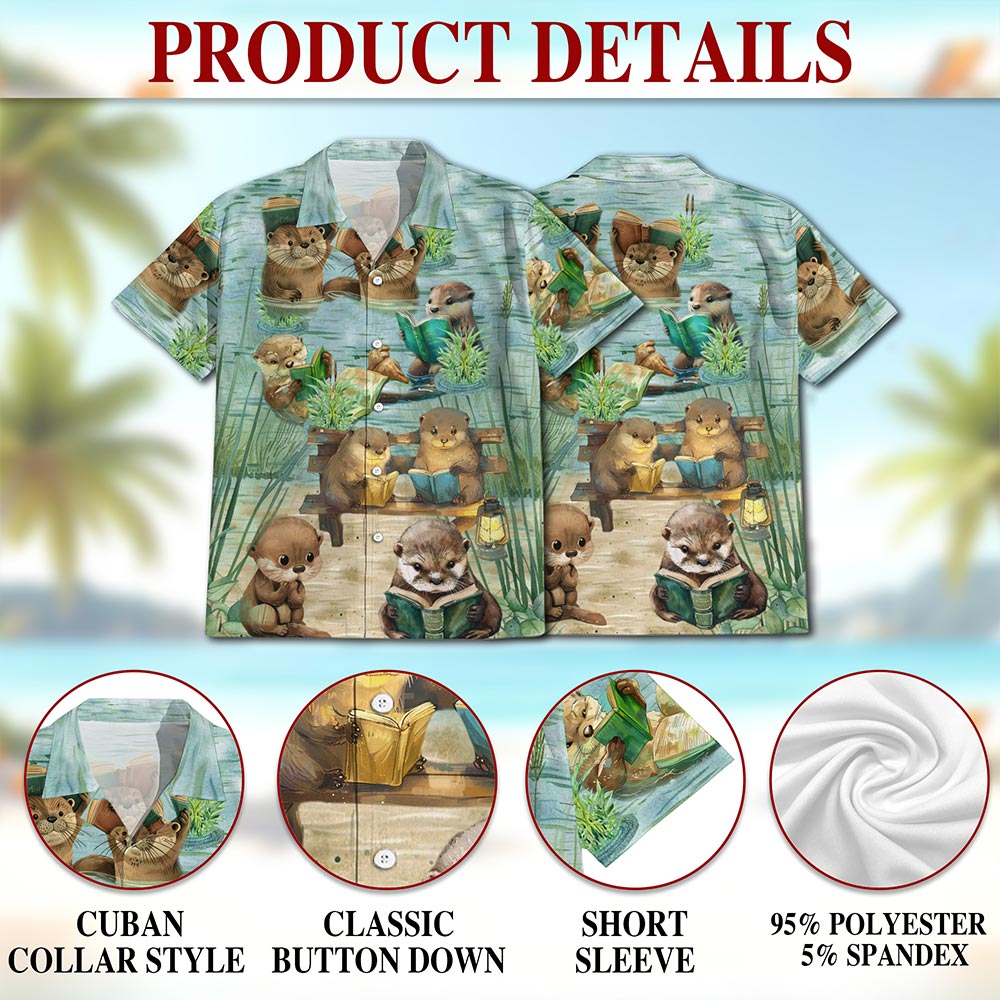Netecom Cute Otter Reading Book Hawaiian Shirt for Men, Otter Lover Gifts, Animal Button Down Summer Aloha Beach Shirts, S-5XL