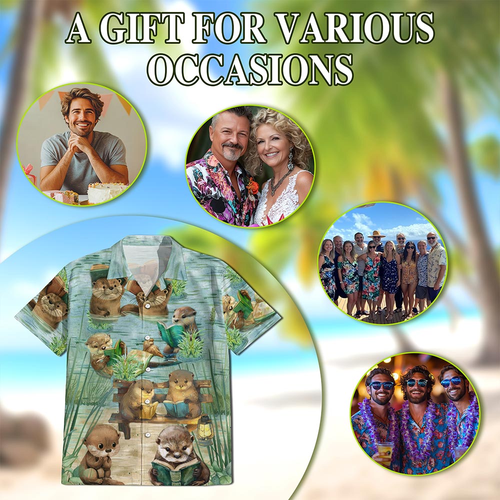 Netecom Cute Otter Reading Book Hawaiian Shirt for Men, Otter Lover Gifts, Animal Button Down Summer Aloha Beach Shirts, S-5XL