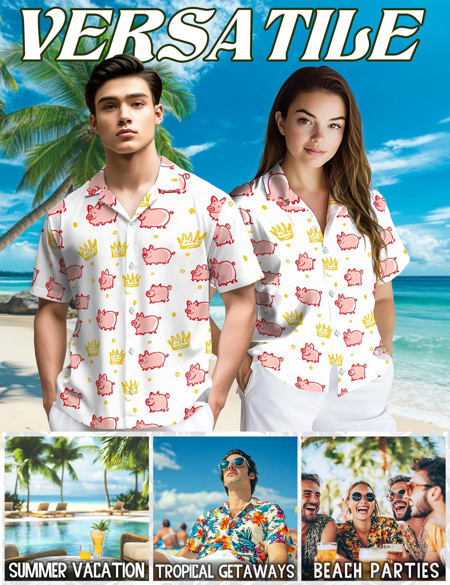 Netecom Cute Pig Hawaiian Shirt for Men, Vintage Style, Button Down Summer Beach Short Sleeve, S-5XL