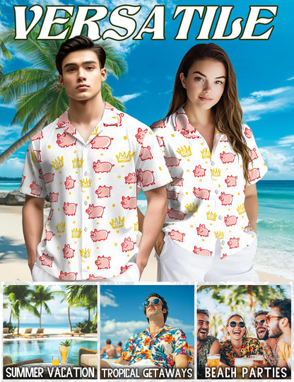 Netecom Cute Pig Hawaiian Shirt for Men, Vintage Style, Button Down Summer Beach Short Sleeve, S-5XL