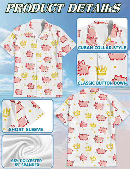 Netecom Cute Pig Hawaiian Shirt for Men, Vintage Style, Button Down Summer Beach Short Sleeve, S-5XL