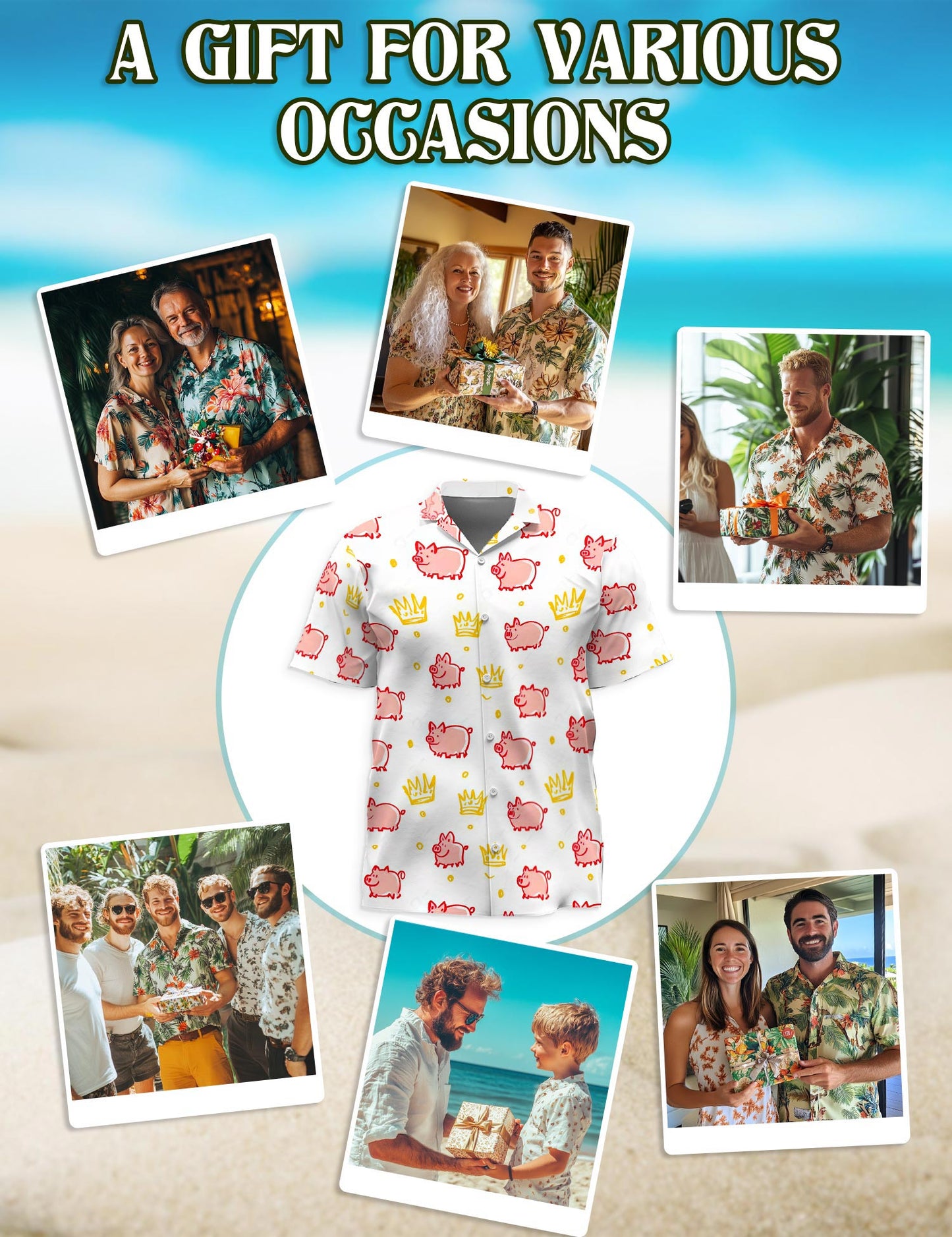 Netecom Cute Pig Hawaiian Shirt for Men, Vintage Style, Button Down Summer Beach Short Sleeve, S-5XL
