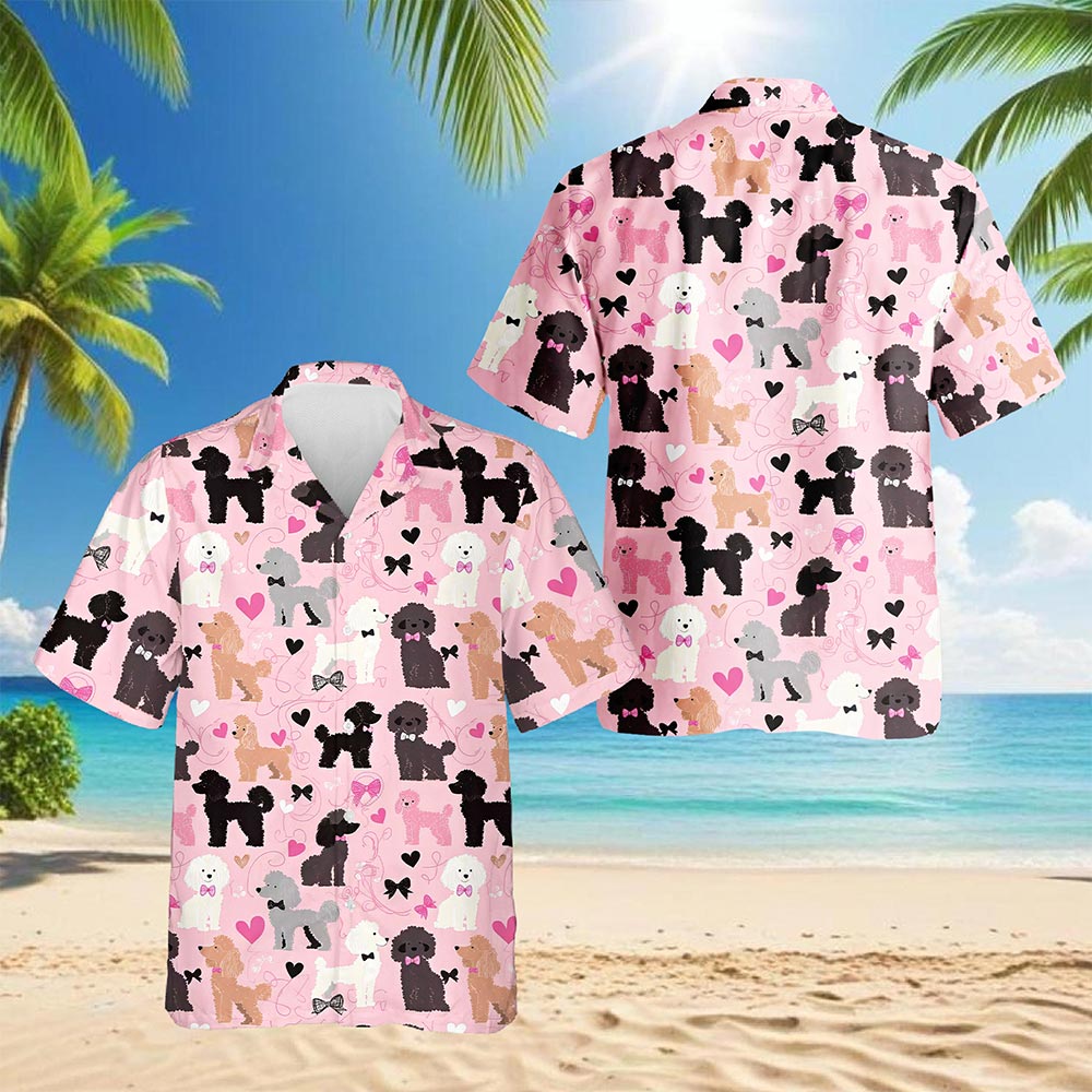 Netecom Cute Poodle Hawaiian Shirt for Men, Retro Style, Button Down Summer Beach Short Sleeve, S-5XL