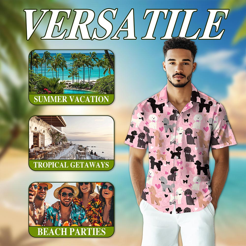 Netecom Cute Poodle Hawaiian Shirt for Men, Retro Style, Button Down Summer Beach Short Sleeve, S-5XL