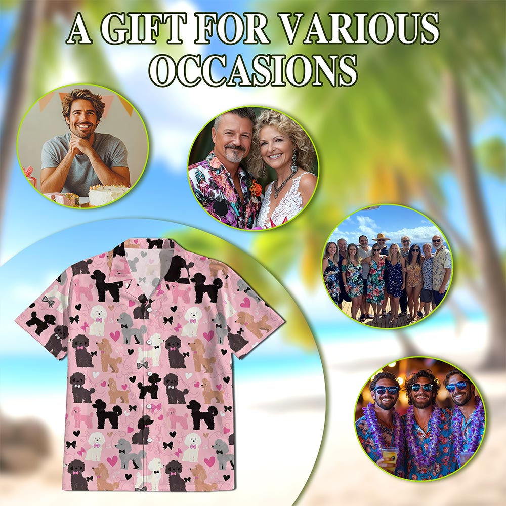 Netecom Cute Poodle Hawaiian Shirt for Men, Retro Style, Button Down Summer Beach Short Sleeve, S-5XL
