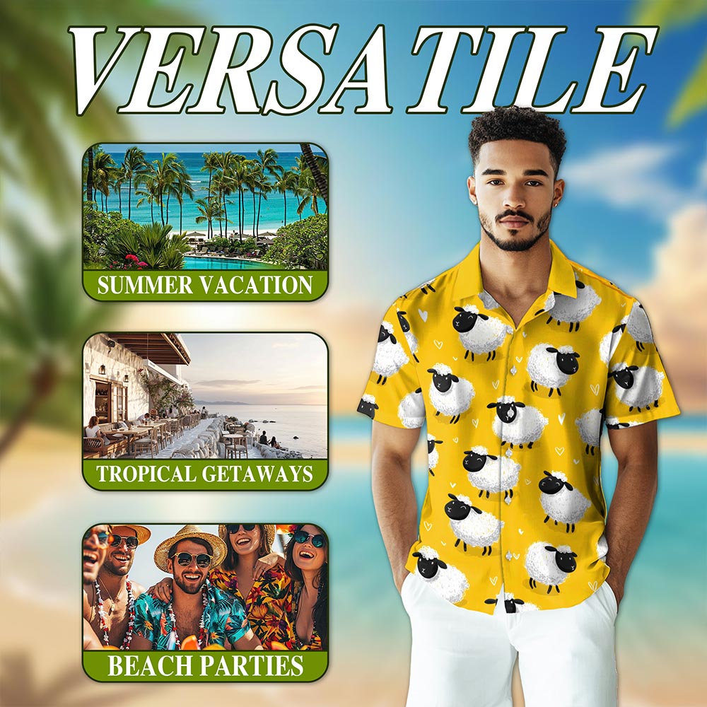 Netecom Cute Sheep Hawaiian Shirt for Men, Retro Style, Tropical Summer Beach Button Down Short Sleeve Shirts, S-5XL
